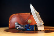 OCEAN WOOD - Damascus Pocket Knife - Blue Pakkawood Handle