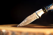 OCEAN WOOD - Damascus Pocket Knife - Blue Pakkawood Handle