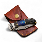 OCEAN WOOD - Damascus Pocket Knife - Blue Pakkawood Handle