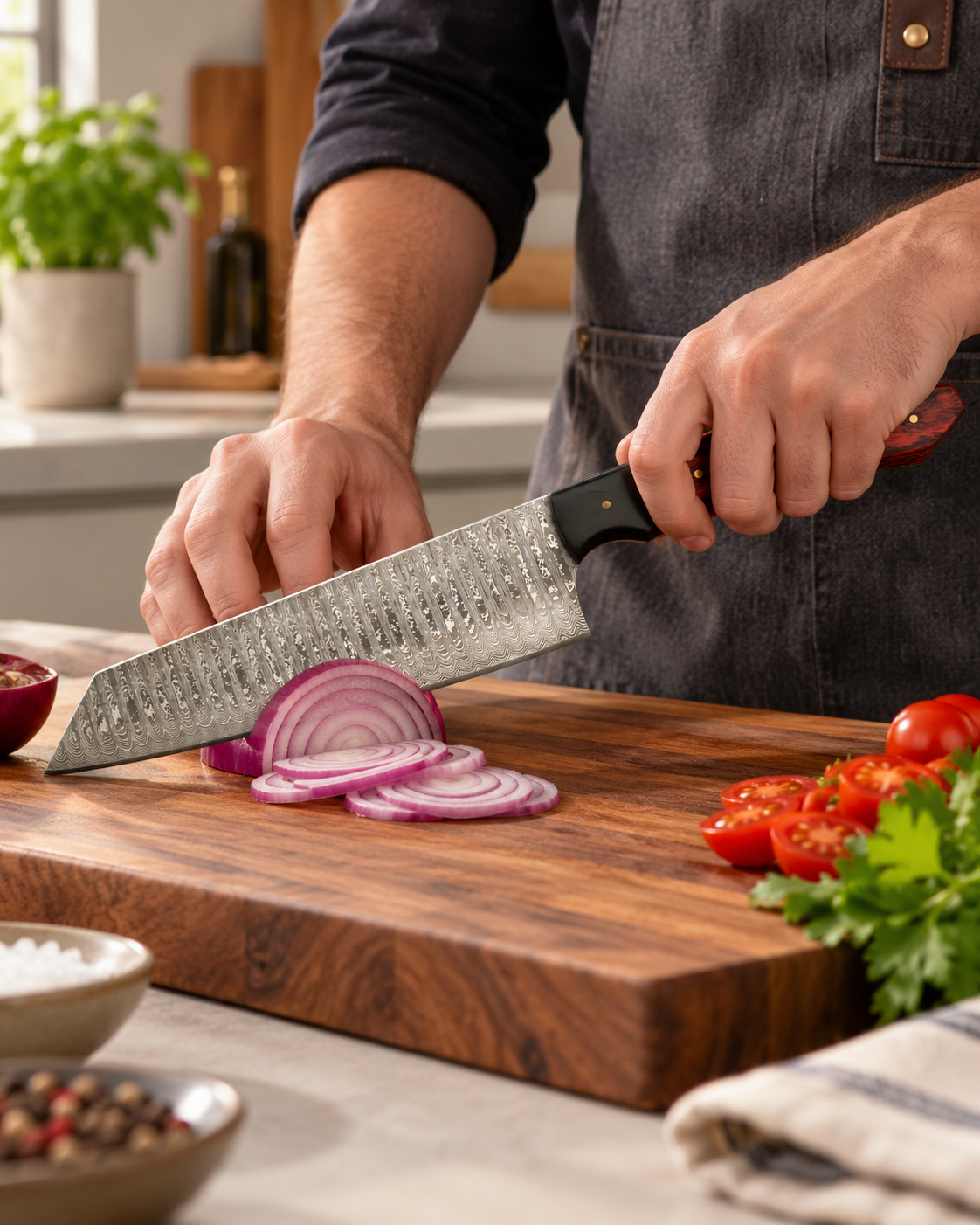 🎴 Japanese Bunka Chef Knife | Red Rosewood Damascus Steel