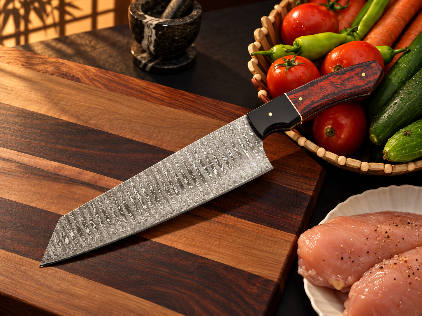 🎴 Japanese Bunka Chef Knife | Red Rosewood Damascus Steel