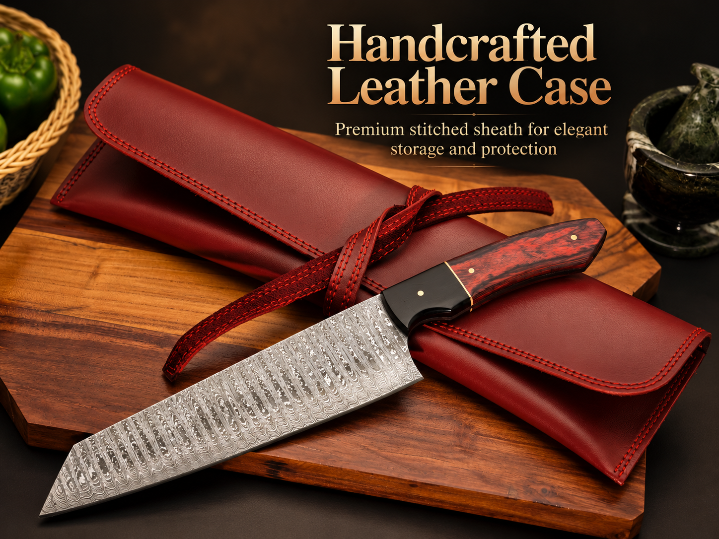 🎴 Japanese Bunka Chef Knife | Red Rosewood Damascus Steel