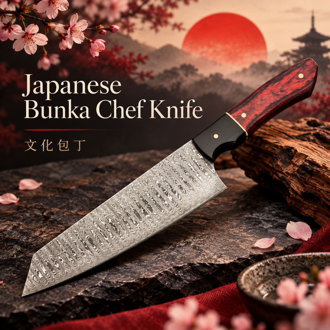🎴 Japanese Bunka Chef Knife | Red Rosewood Damascus Steel