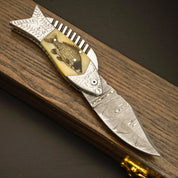 🐟 KOI Fish Pocket Knife - Damascus Steel - Bone Handle Knife