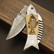 🐟 KOI Fish Pocket Knife - Damascus Steel - Bone Handle Knife