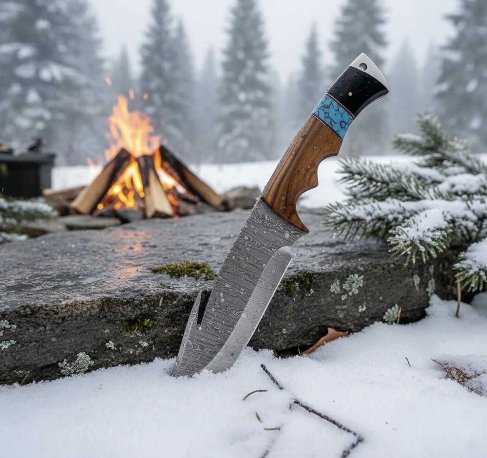WHITE WOLF Winter Edition - Gut-Hook Survival and Hunting Damascus Knife