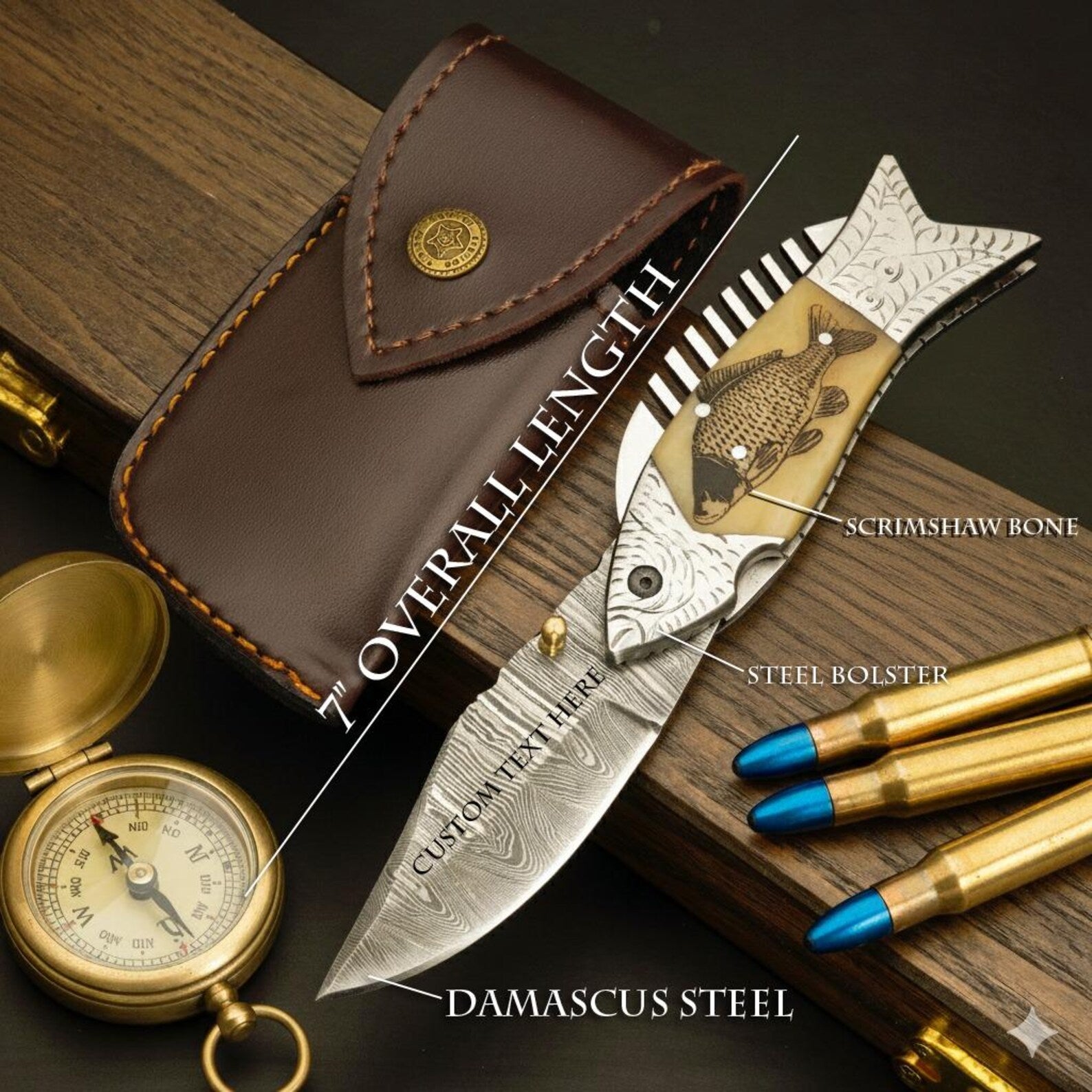 🐟 KOI Fish Pocket Knife - Damascus Steel - Bone Handle Knife