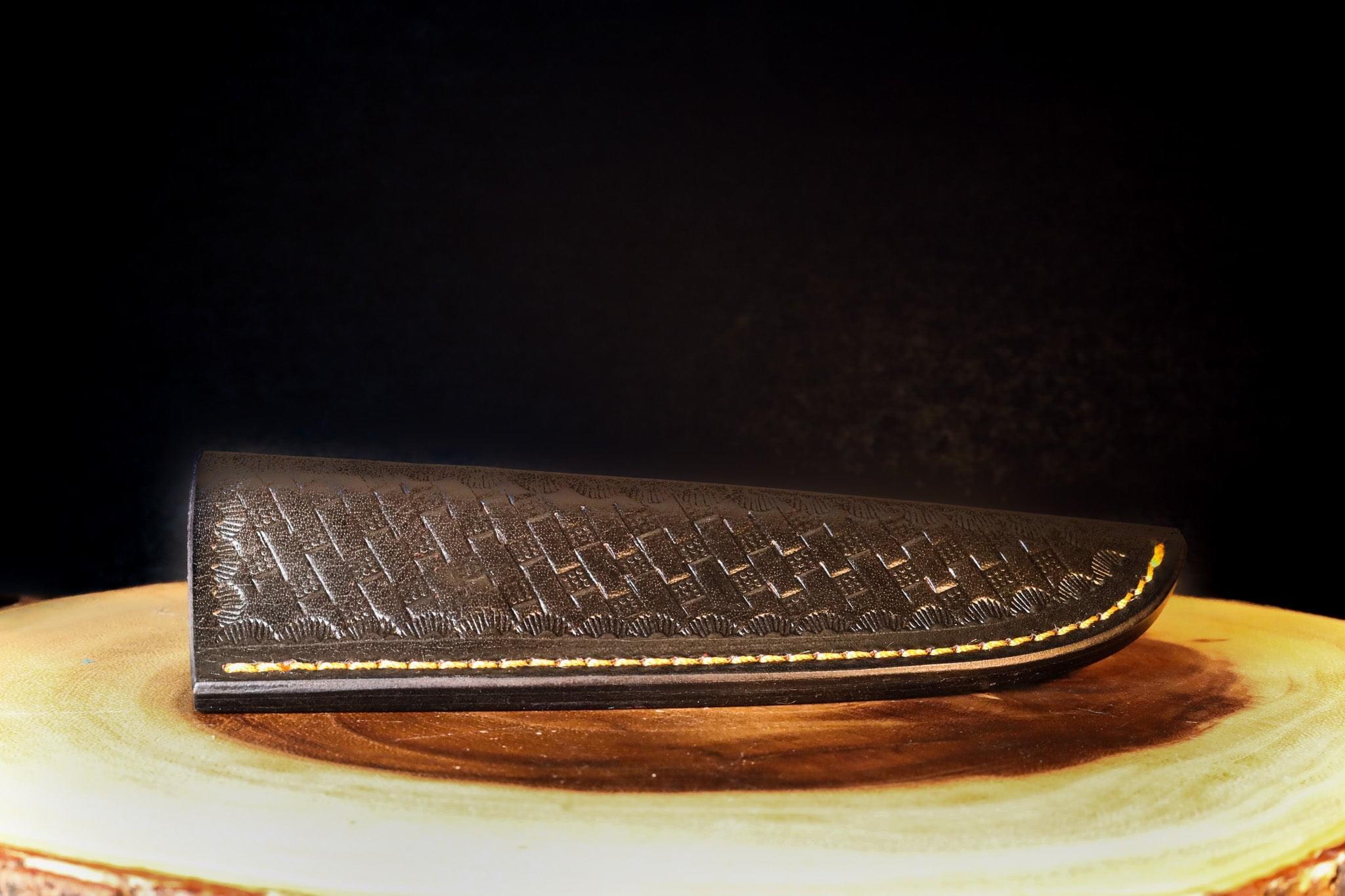 FIRE BLAST BLUE: Hunting Knife Damascus Steel with Leather Sheath for Skinning & Boning