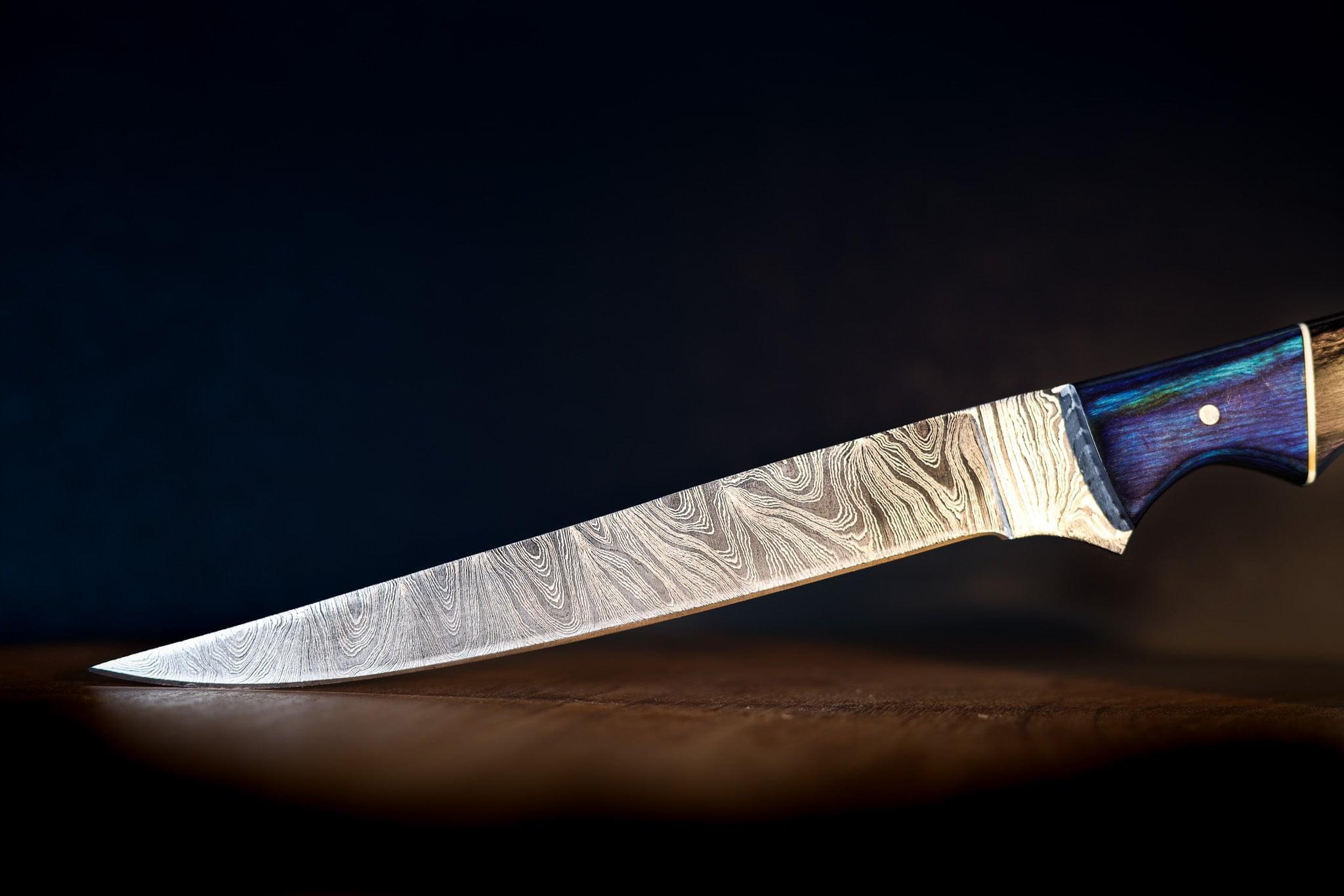 BLUE PAKKAWOOD SacredBlade | Fishing Fillet Knife | Damascus Steel & Pakkawood