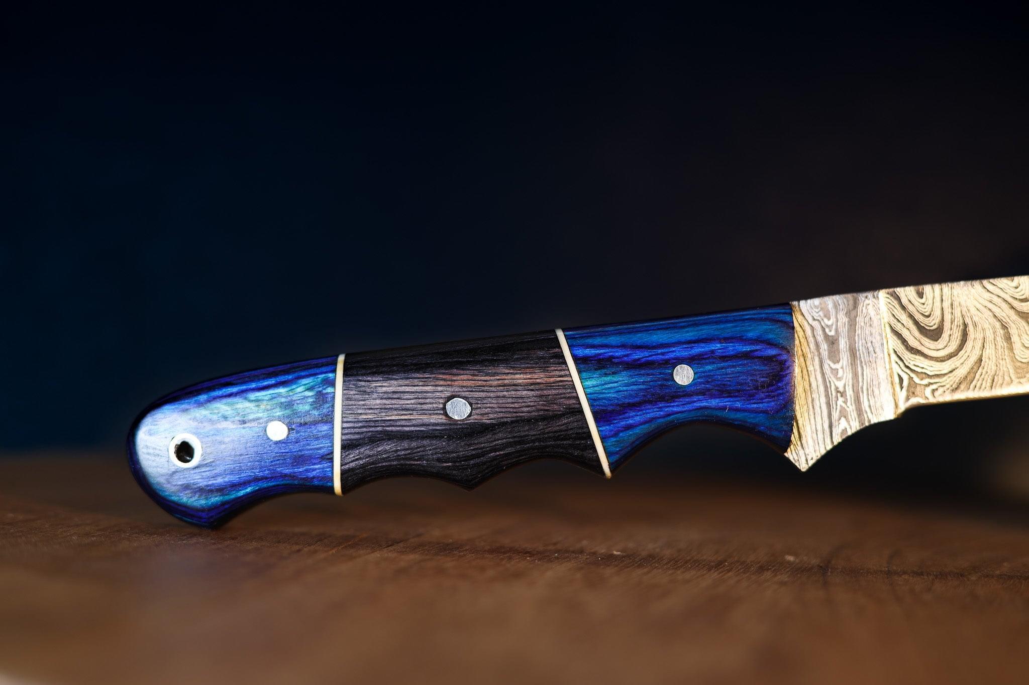 BLUE PAKKAWOOD SacredBlade | Fishing Fillet Knife | Damascus Steel & Pakkawood