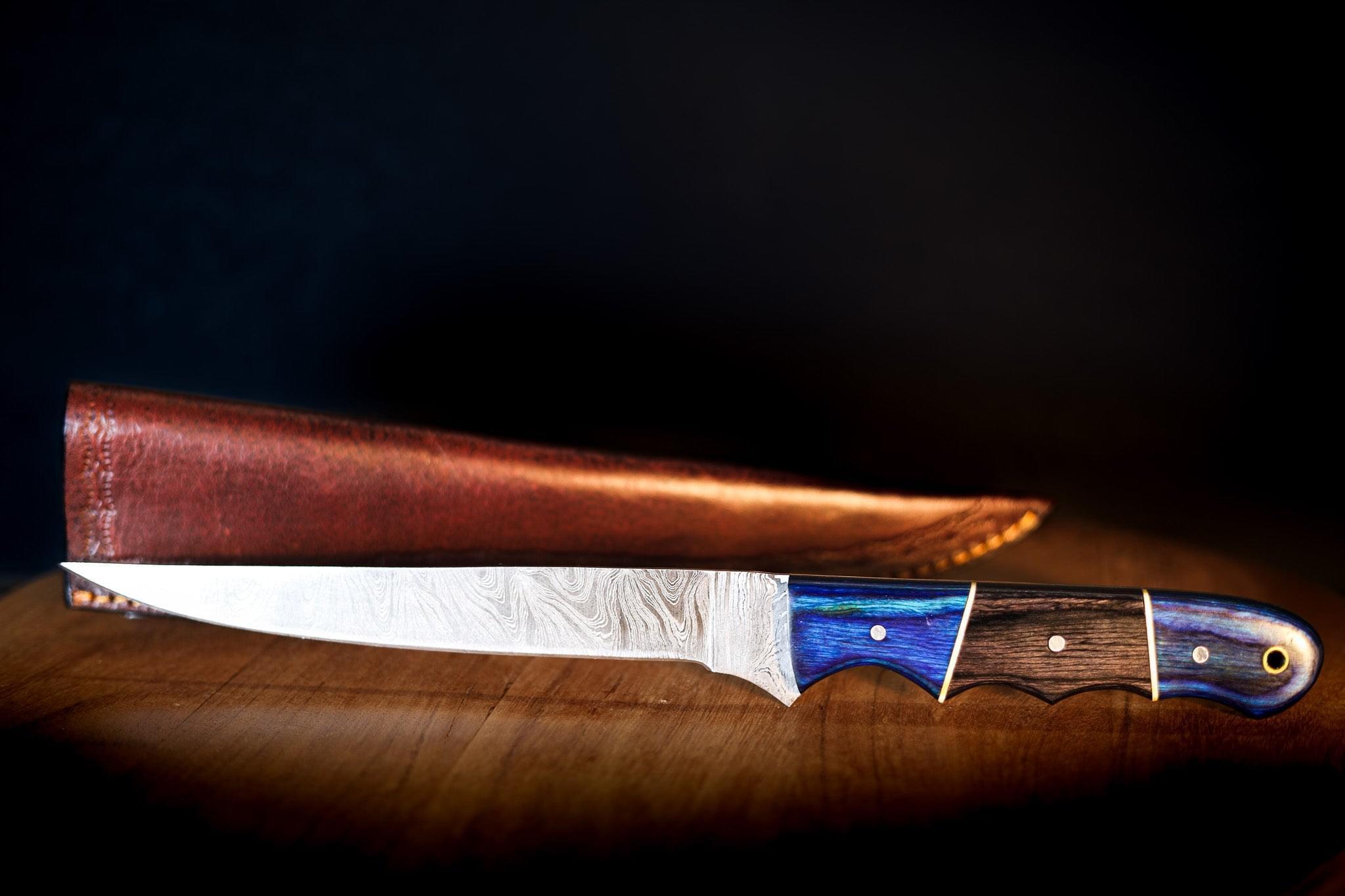 BLUE PAKKAWOOD SacredBlade | Fishing Fillet Knife | Damascus Steel & Pakkawood