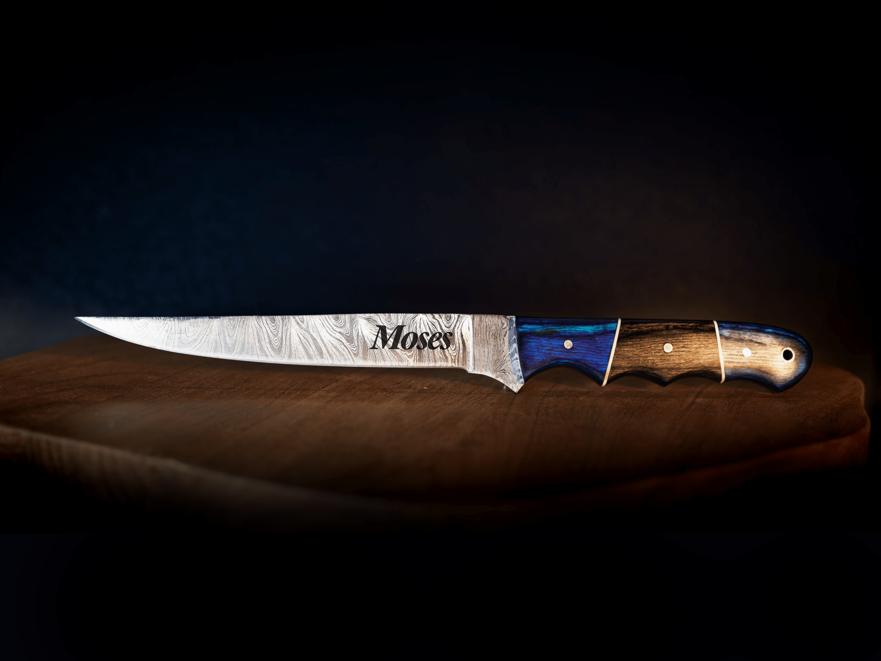 BLUE PAKKAWOOD SacredBlade | Fishing Fillet Knife | Damascus Steel & Pakkawood