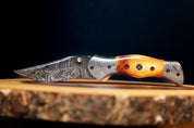 🔥Burn Camel Bone Damascus Steel EDC Pocket Folding Knife With Leather Sheath by SacredBlade
