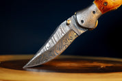 🔥Burn Camel Bone Damascus Steel EDC Pocket Folding Knife With Leather Sheath by SacredBlade