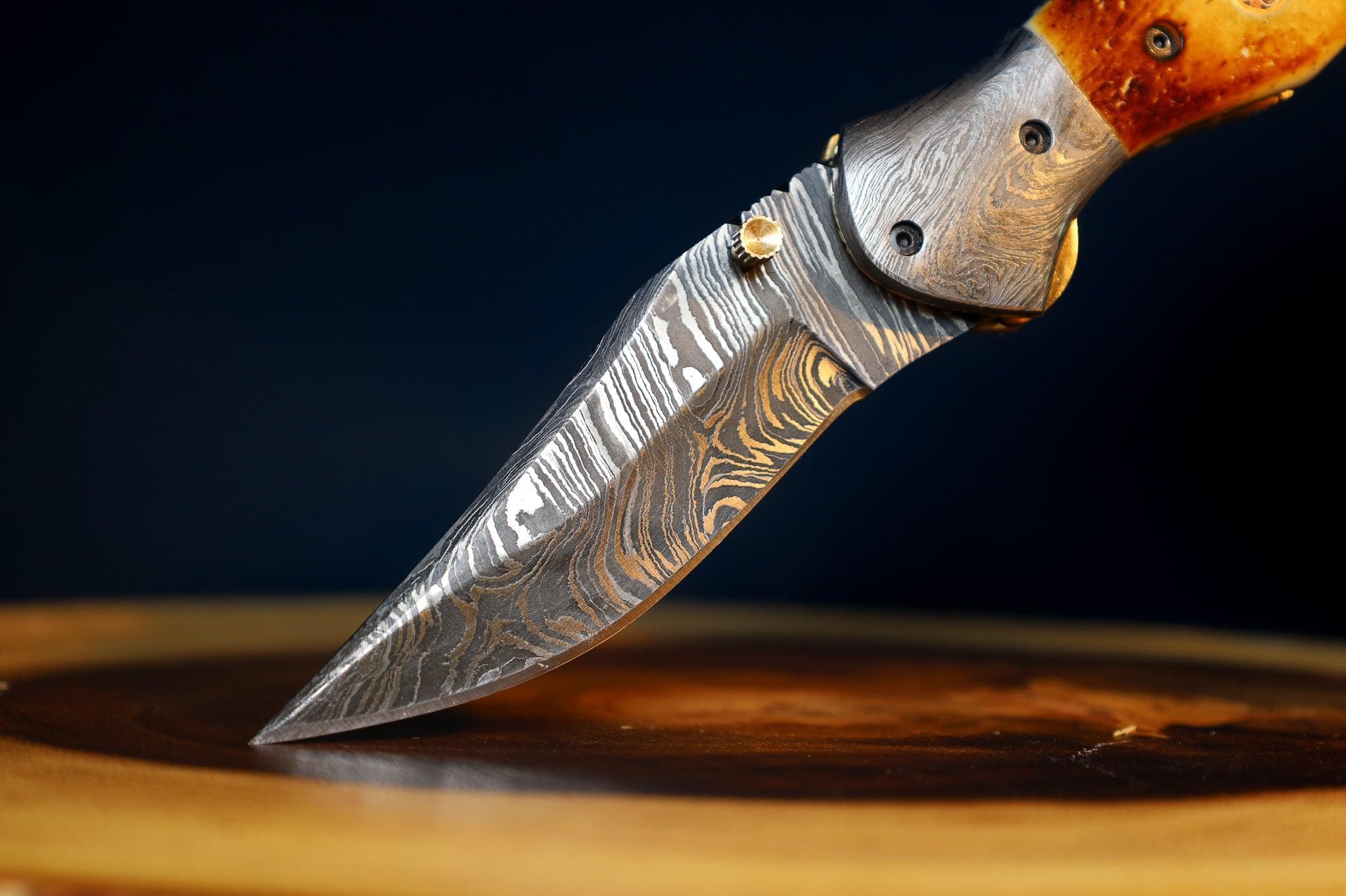 🔥Burn Camel Bone Damascus Steel EDC Pocket Folding Knife With Leather Sheath by SacredBlade