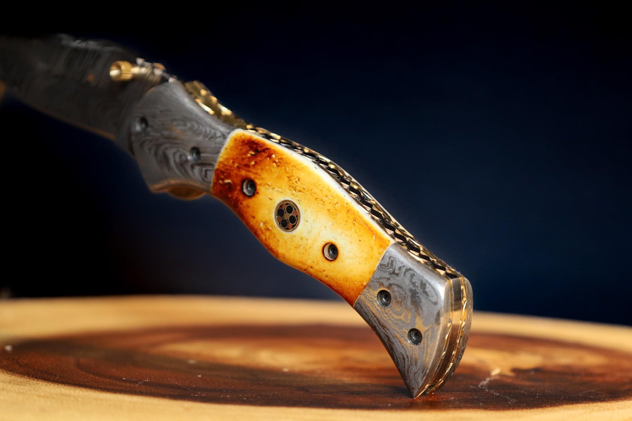 🔥Burn Camel Bone Damascus Steel EDC Pocket Folding Knife With Leather Sheath by SacredBlade