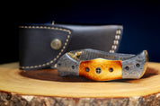 🔥Burn Camel Bone Damascus Steel EDC Pocket Folding Knife With Leather Sheath by SacredBlade