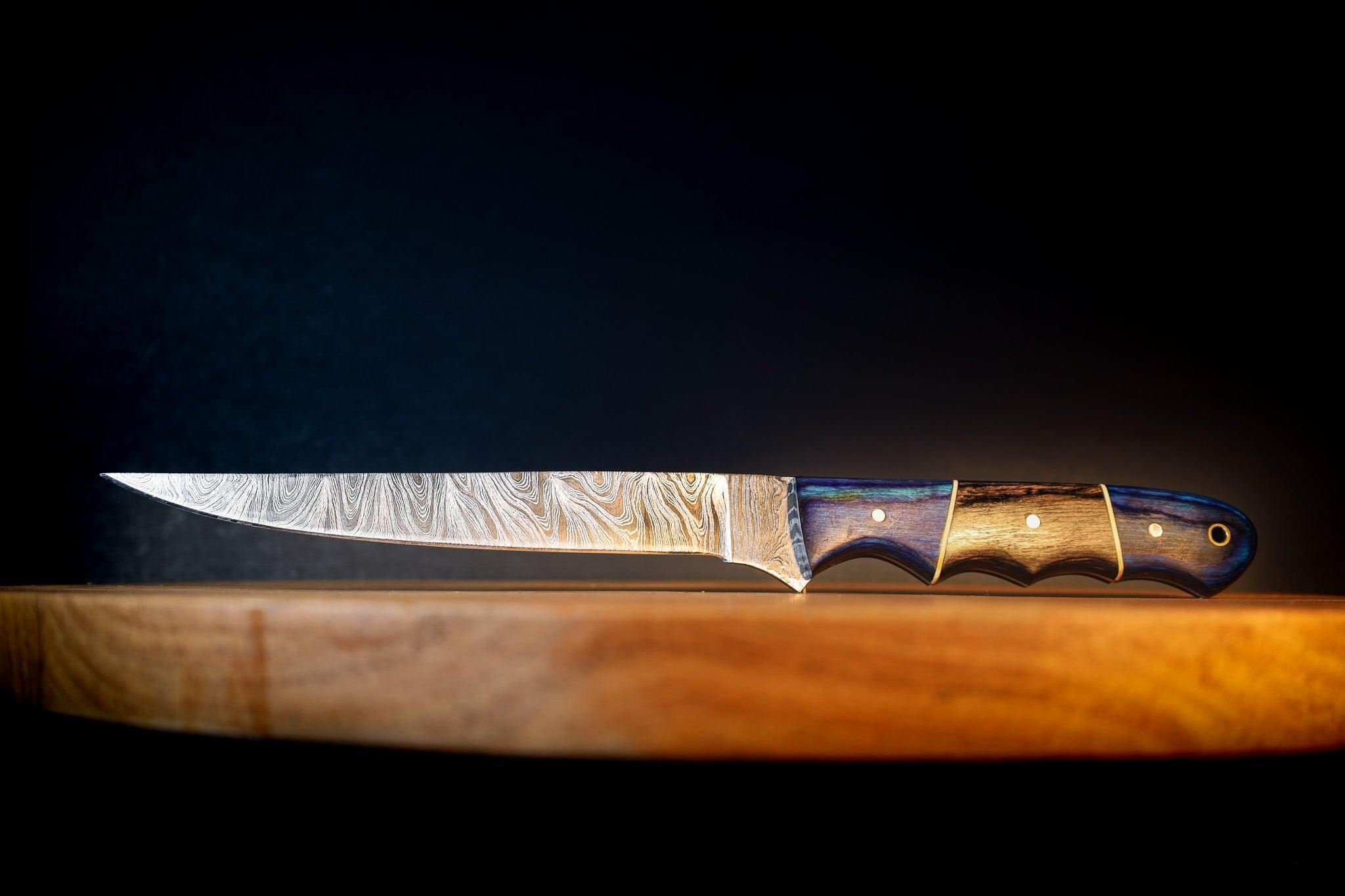 BLUE PAKKAWOOD SacredBlade | Fishing Fillet Knife | Damascus Steel & Pakkawood